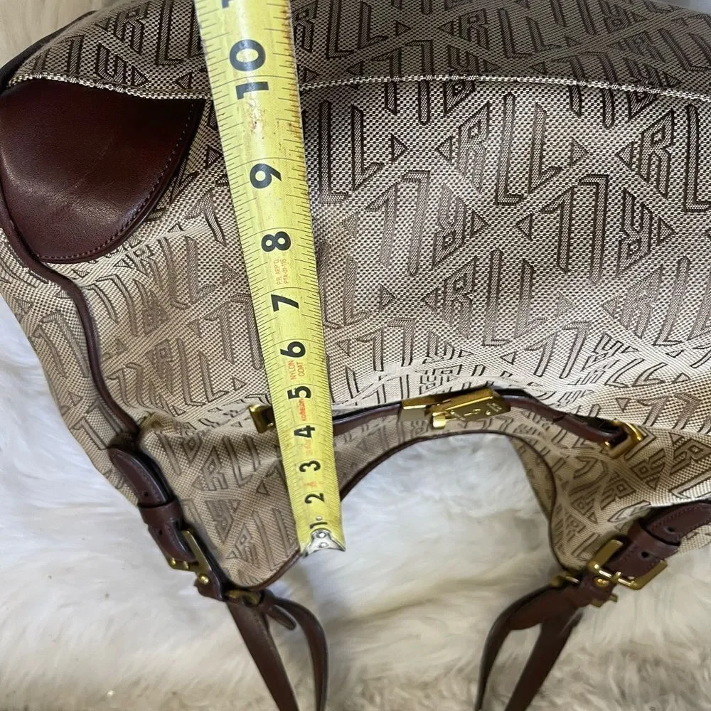 Ralph Lauren Logo Canvas khaki&brown Hobo Bag leather brown straps brass accents